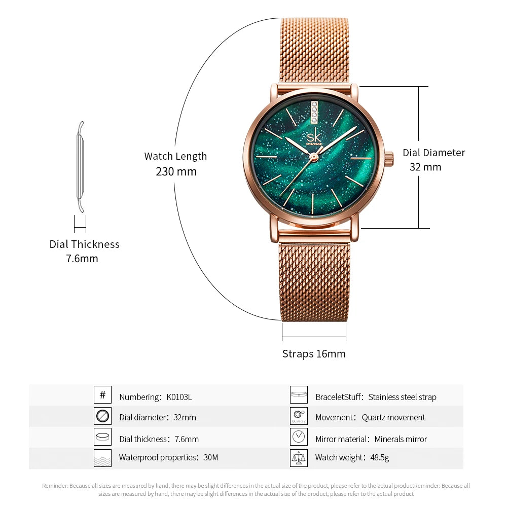 Shengke Women Watches Starry Green Dial Mesh Band Ladies Wristwatch Ultra-Thin Stainless Steel Strap Quartz Montre Femme Gift