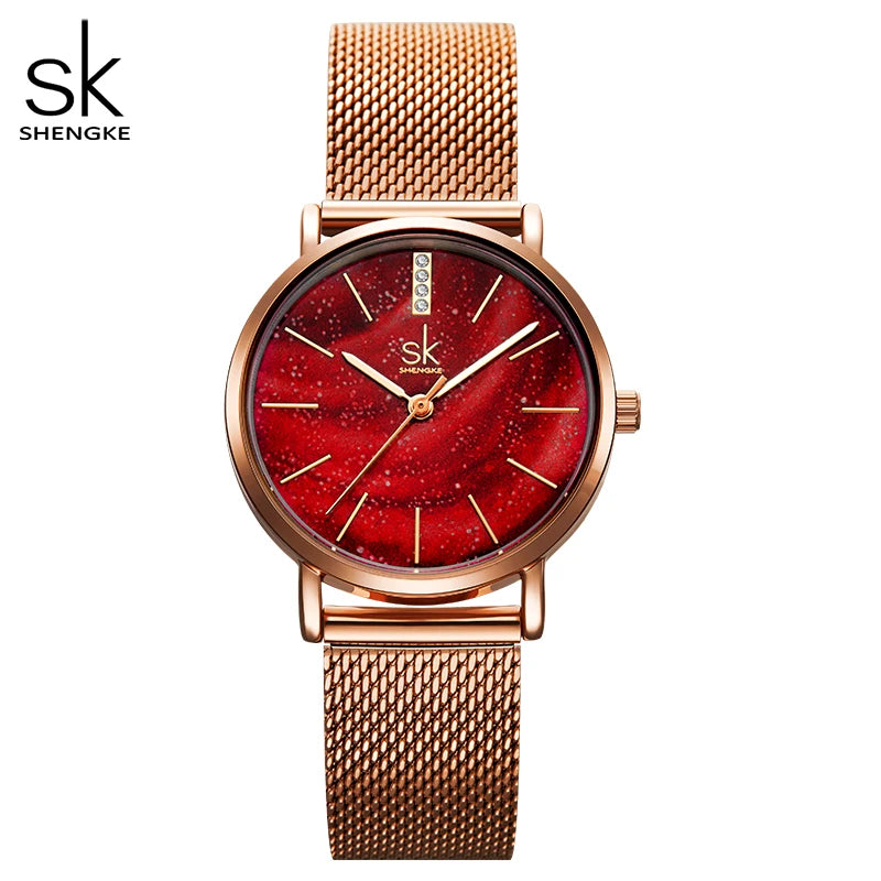 Shengke Women Watches Starry Green Dial Mesh Band Ladies Wristwatch Ultra-Thin Stainless Steel Strap Quartz Montre Femme Gift