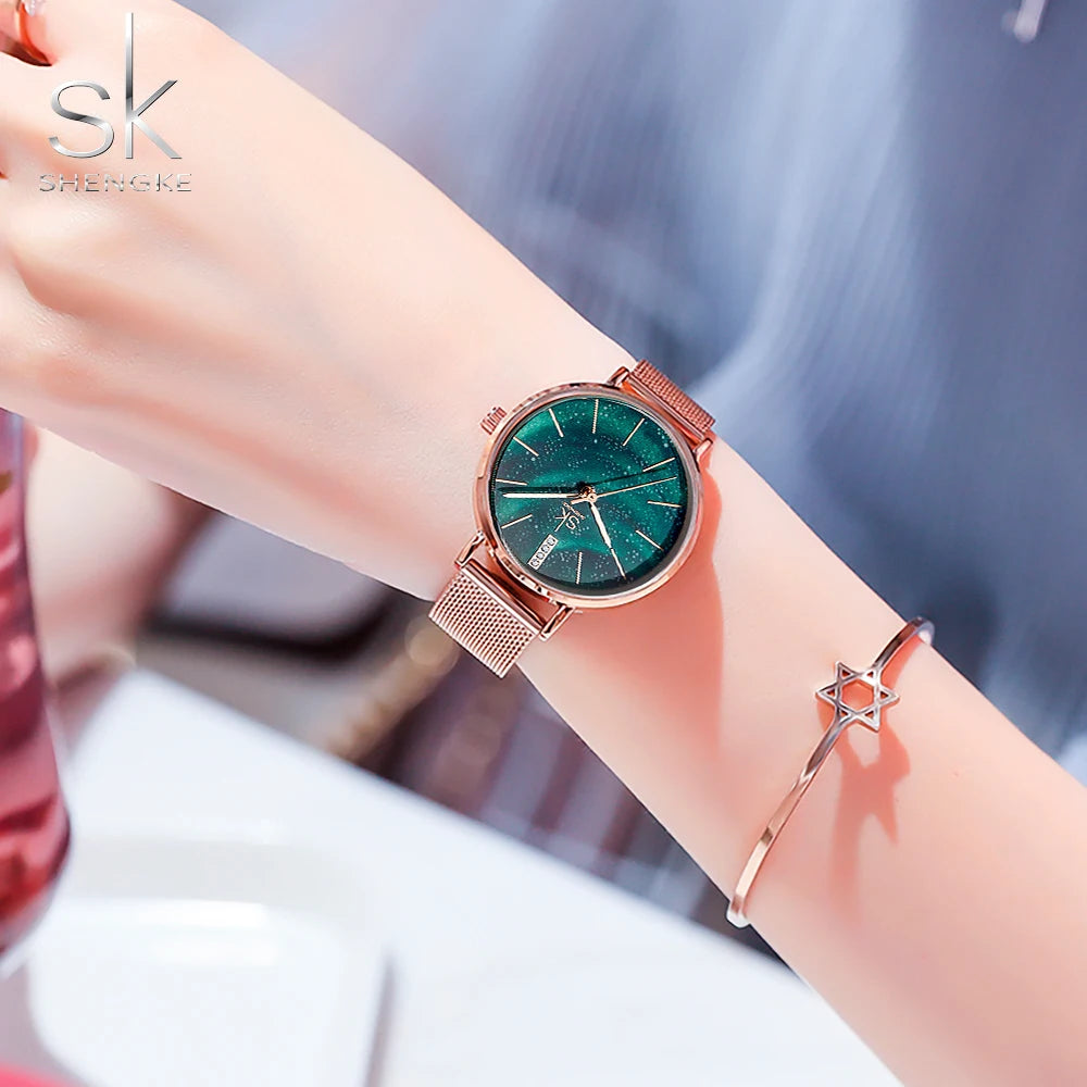 Shengke Women Watches Starry Green Dial Mesh Band Ladies Wristwatch Ultra-Thin Stainless Steel Strap Quartz Montre Femme Gift