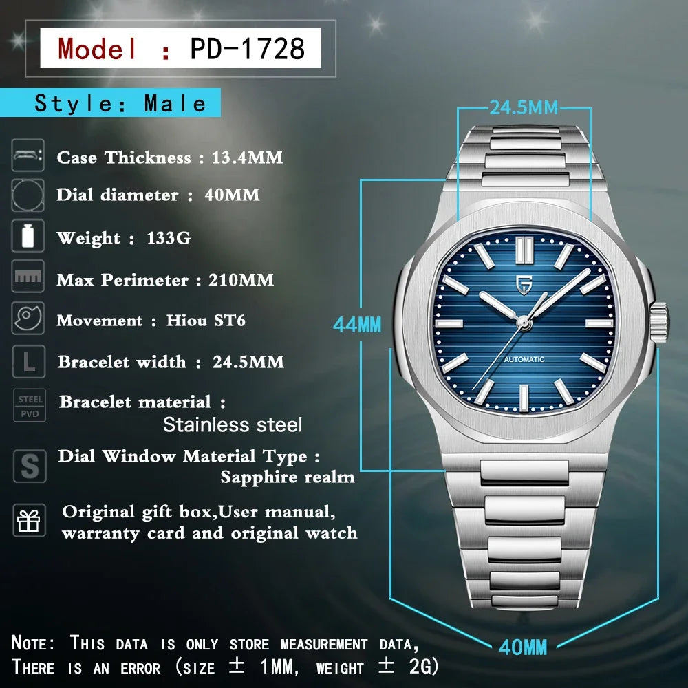 Montre HOMME automatique Pulseverse Pagani Design 2025 pour homme, cadran bleu profond, verre saphir, bracelet en acier inoxydable argenté