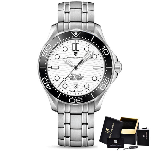 Montre automatique Pagani Design Pulseverse PD-1685 pour homme avec cadran blanc ondulé, lunette noire et bracelet en acier inoxydable standard