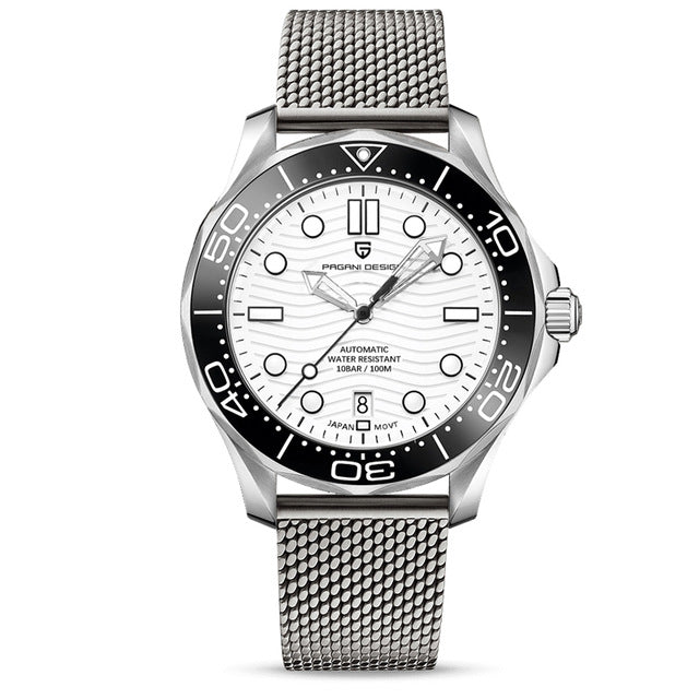 Montre automatique Pagani Design Pulseverse PD-1685 pour homme avec cadran blanc et élégant bracelet en maille milanaise en acier