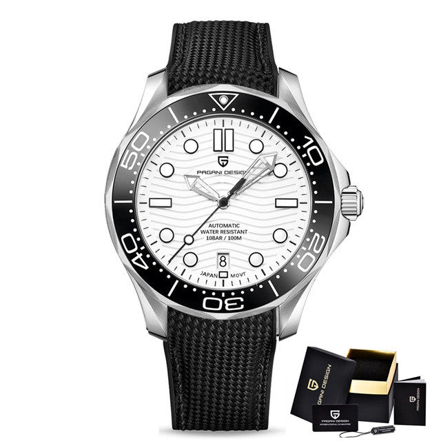 Montre automatique Pagani Design Pulseverse PD-1685 pour homme avec cadran blanc, lunette noire et bracelet en silicone noir