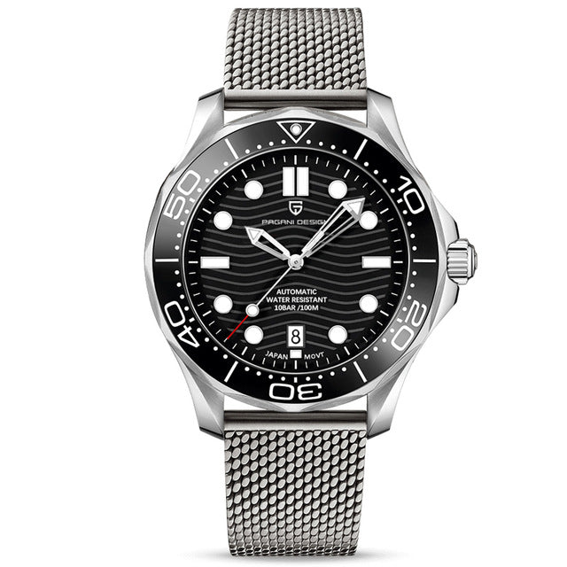 Montre automatique Pagani Pulseverse Design PD-1685 pour homme avec cadran noir et bracelet en maille milanaise en acier