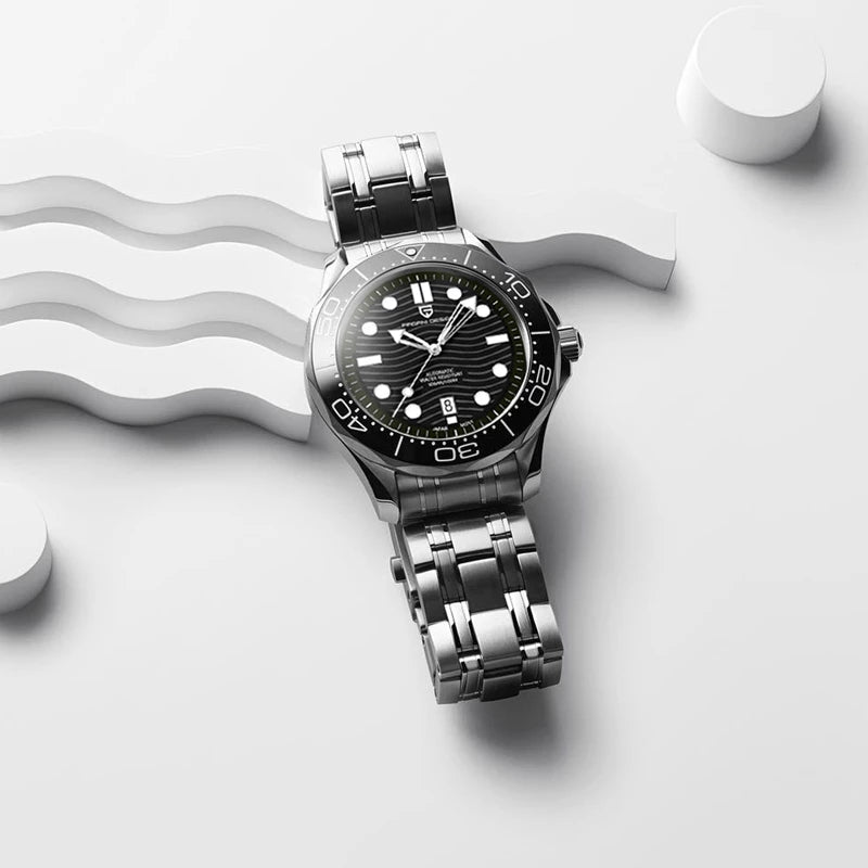 Montre automatique Pagani Design Pulseverse PD-1685 pour homme avec cadran noir ondulé, bracelet en acier inoxydable et coffret de présentation