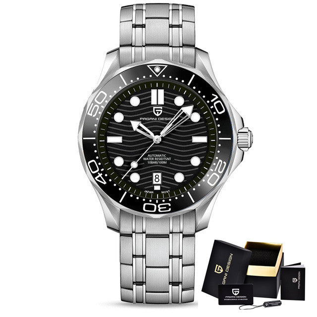 Montre automatique Pagani Design PD-1685 Pulseverse pour homme avec cadran noir ondulé, bracelet en acier inoxydable et coffret de présentation