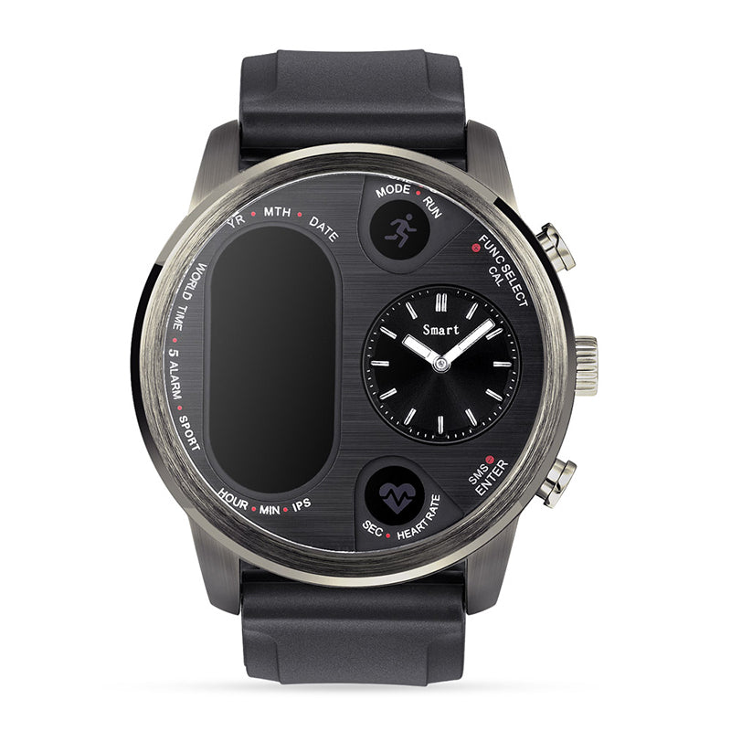 Montre connectée de sport T3 avec son bracelet en silicone noir et son cadran affichant l'heure et la fréquence cardiaque.