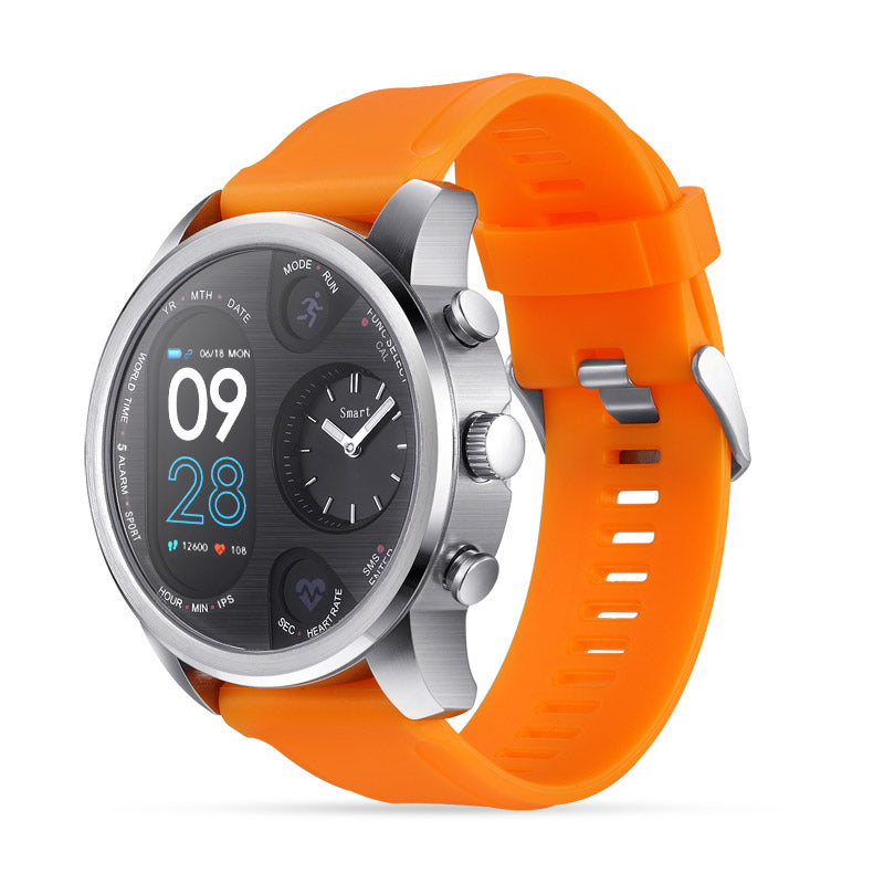 Montre connectée de sport T3 Pulseverse pour homme avec un bracelet dynamique en silicone orange, idéale pour les activités sportives