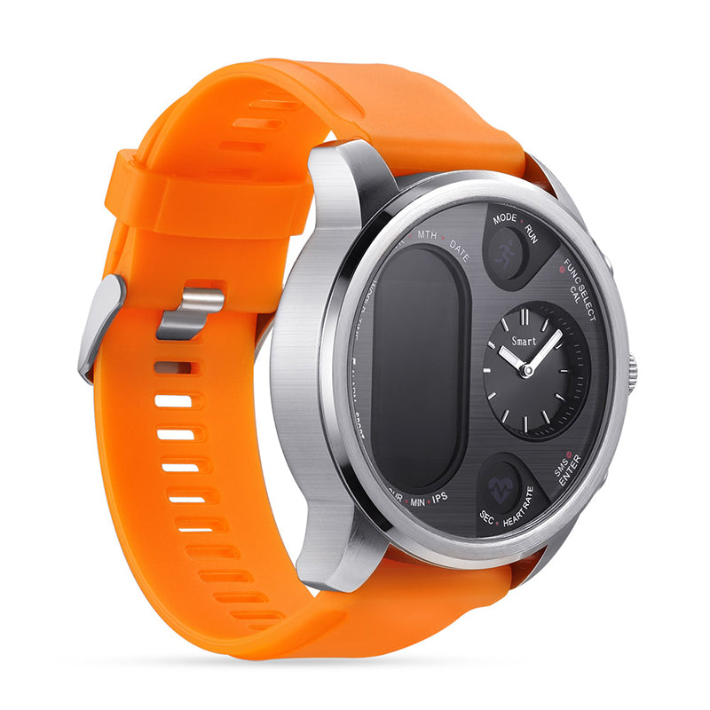 Montre connectée de sport T3 Pulseverse pour homme avec un bracelet dynamique en silicone orange, idéale pour les activités sportives