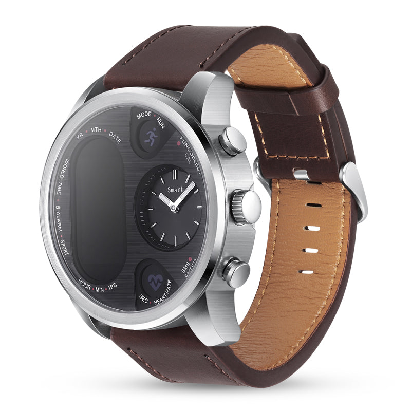 Montre connectée T3 Pulseverse avec un élégant bracelet en cuir marron, alliant technologie sportive et style classique