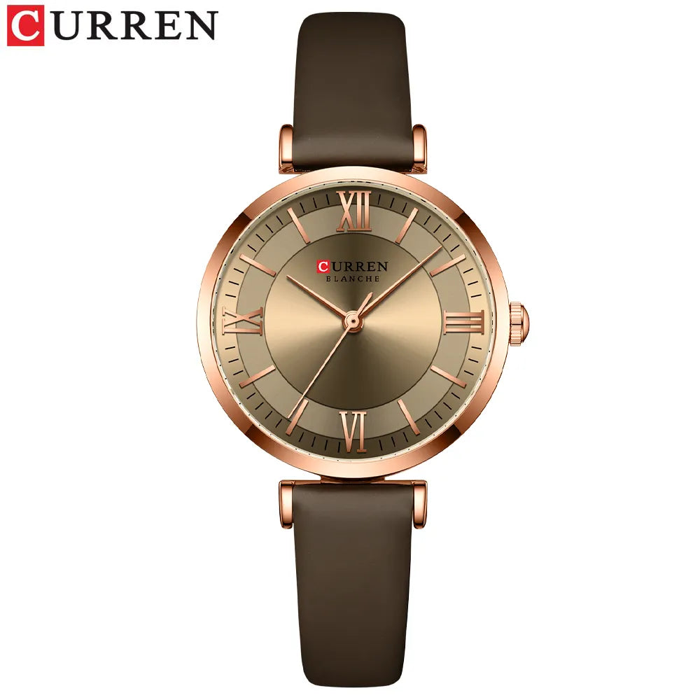 Montre femme Curren 9079 avec bracelet en cuir marron (couleur café) et boîtier rosé
