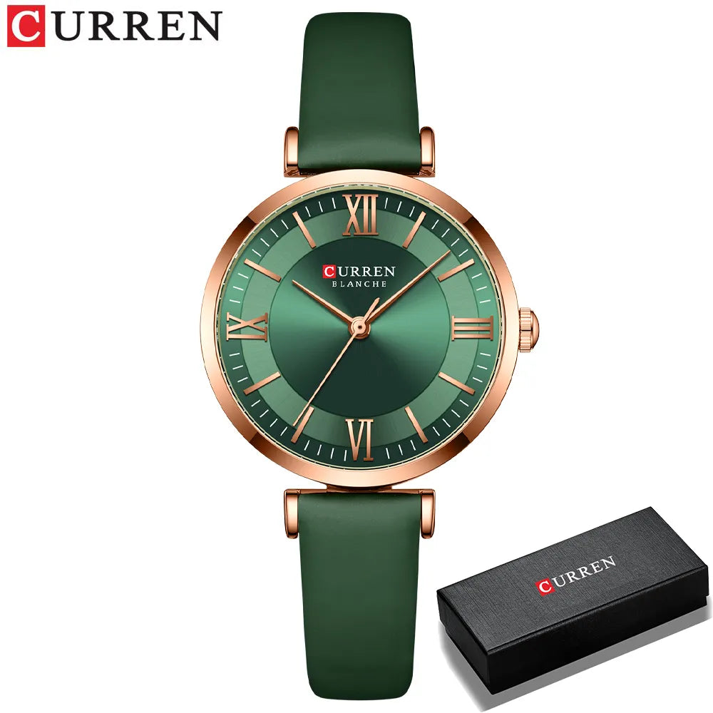 Montre femme Curren 9079 avec bracelet en cuir vert foncé et son coffret cadeau prêt à offrir