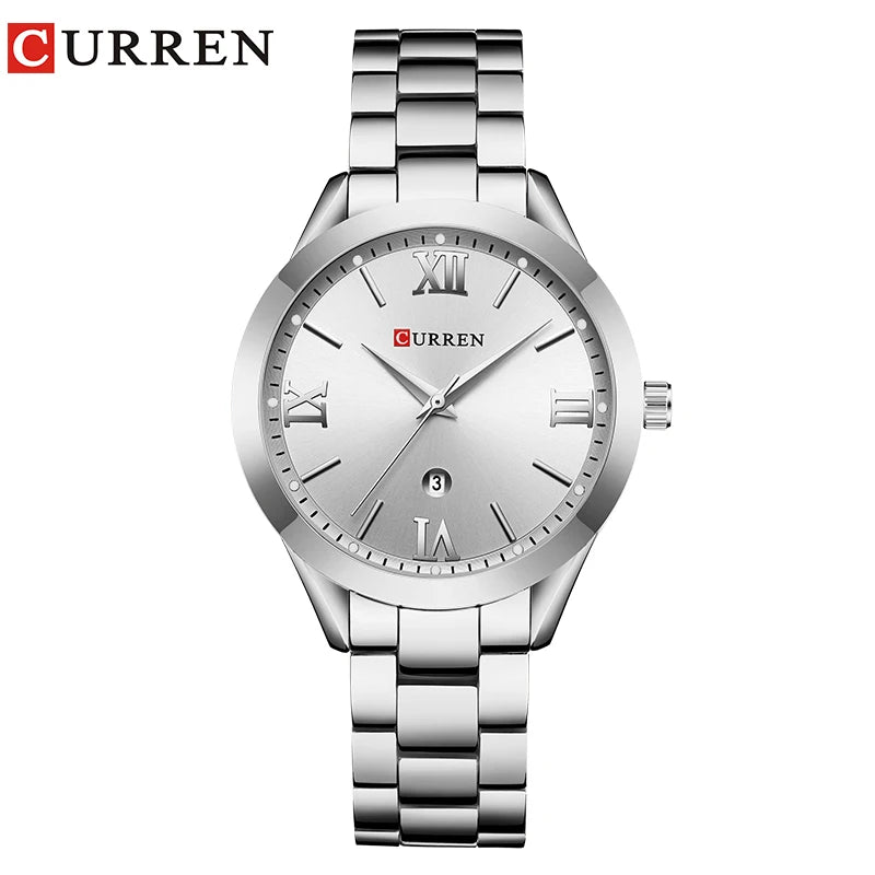 Montre femme Pulseverse CURREN 9007 élégante avec boîtier argenté, cadran blanc minimaliste et bracelet en acier