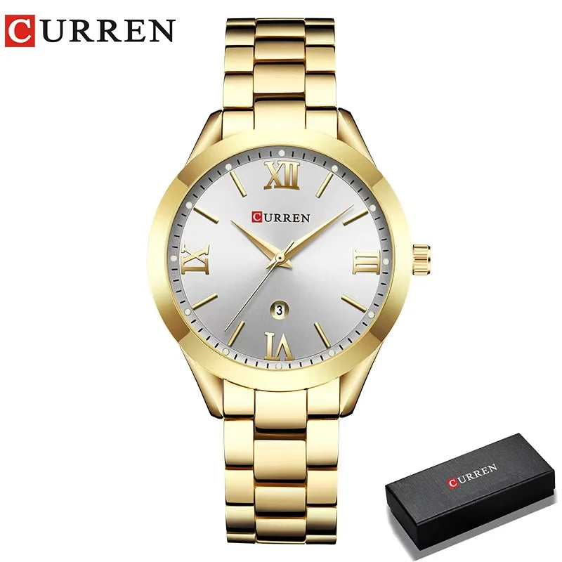 Montre femme Pulseverse CURREN 9007 dorée et cadran blanc, présentée dans son coffret cadeau