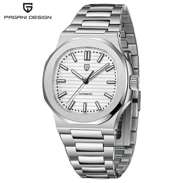 Montre homme automatique Pulseverse Pagani Design 2025 pour homme, cadran blanc, verre saphir, bracelet en acier inoxydable argenté