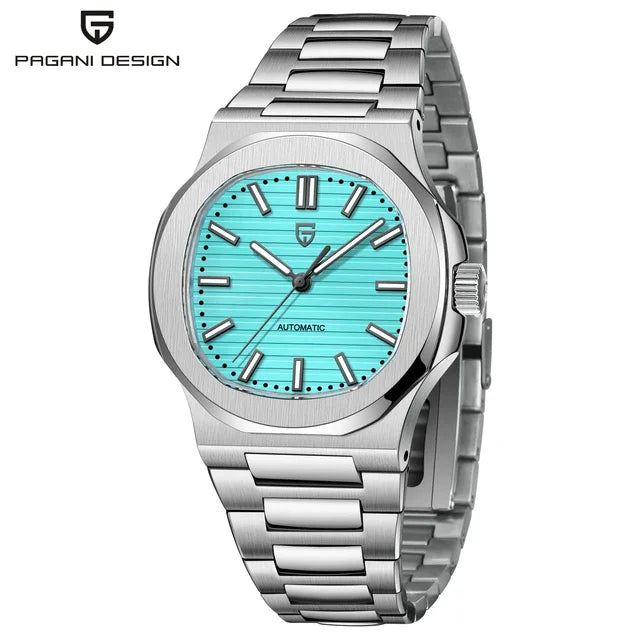 Montre homme automatique Pulseverse Pagani Design 2025 pour homme, cadran bleu ciel, verre saphir, bracelet en acier inoxydable argenté
