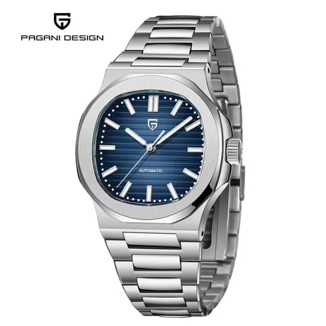 Montre-homme automatique Pulseverse Pagani Design 2025 pour homme, cadran bleu profond, verre saphir, bracelet en acier inoxydable argenté