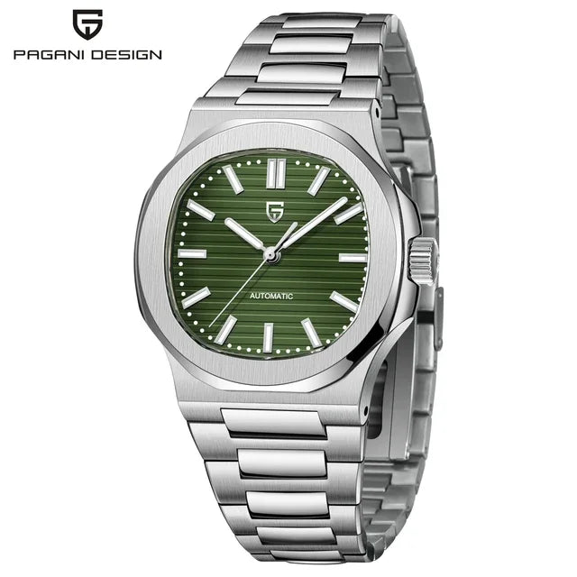 Montre homme automatique Pulseverse Pagani Design 2025 pour homme, cadran vert, verre saphir, bracelet en acier inoxydable argenté