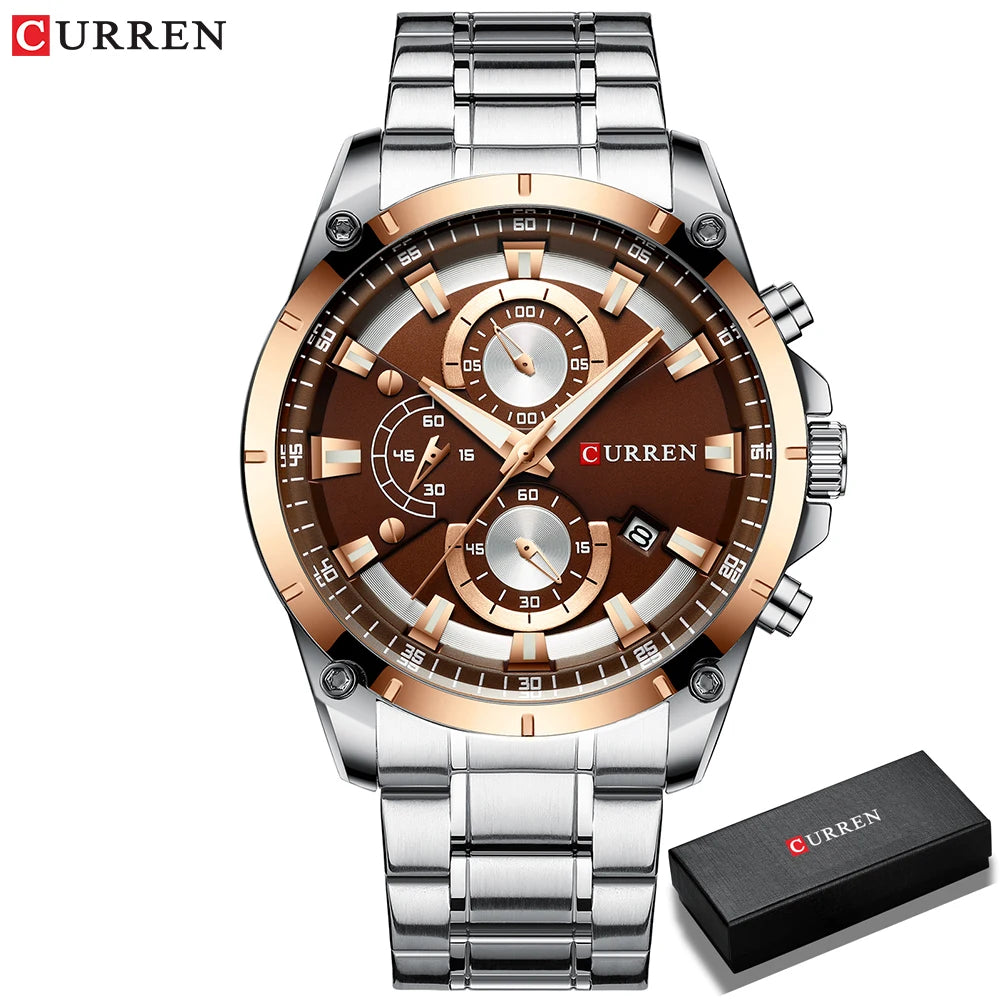 Montre homme Curren 8360 Pulseverse avec cadran couleur café et bracelet en acier, présentée dans son coffret cadeau