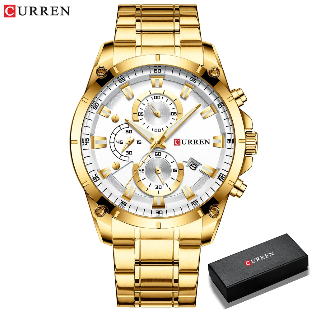 Montre homme Curren Pulseverse 8360 dorée avec bracelet en acier, livrée dans son coffret cadeau