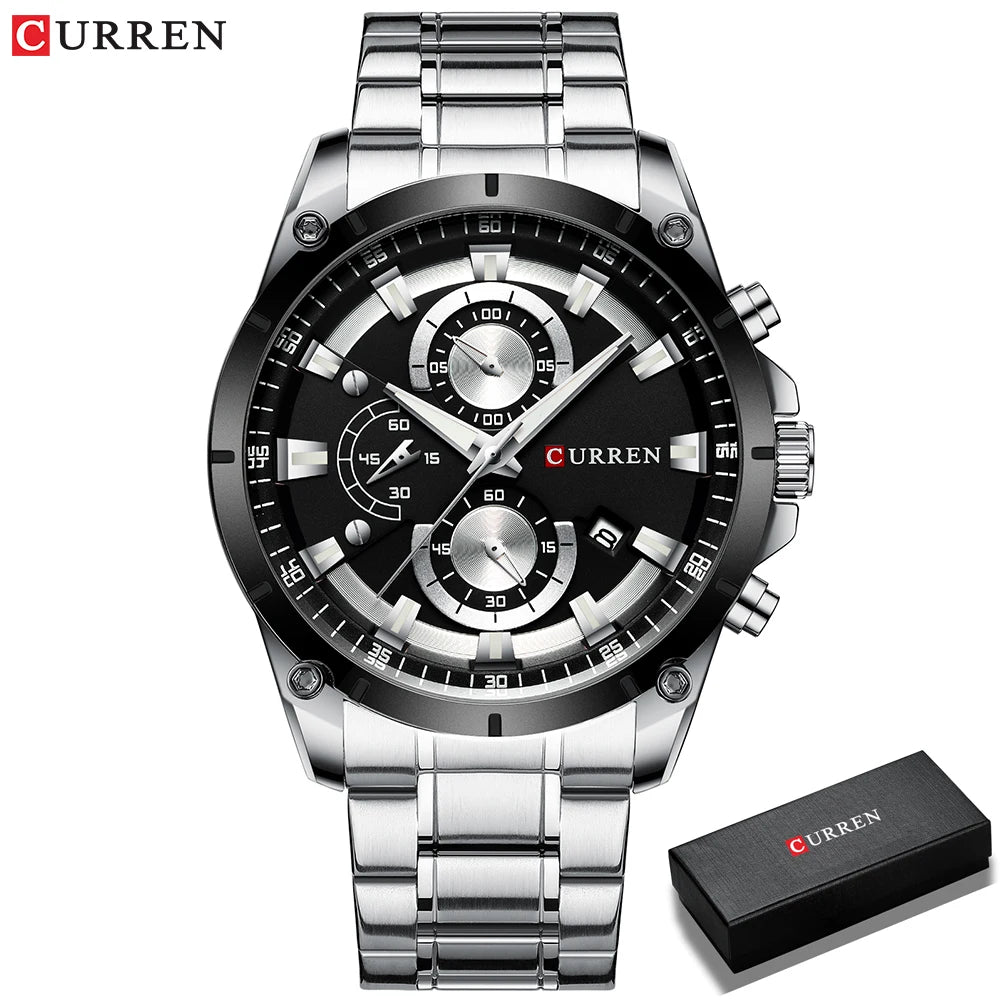 Montre homme Curren 8360 Pulseverse avec cadran noir et bracelet en acier argenté, présentée dans son coffret cadeau
