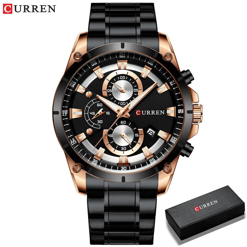 Montre homme Curren 8360 Pulseverse noire avec bracelet en acier, présentée dans son coffret cadeau
