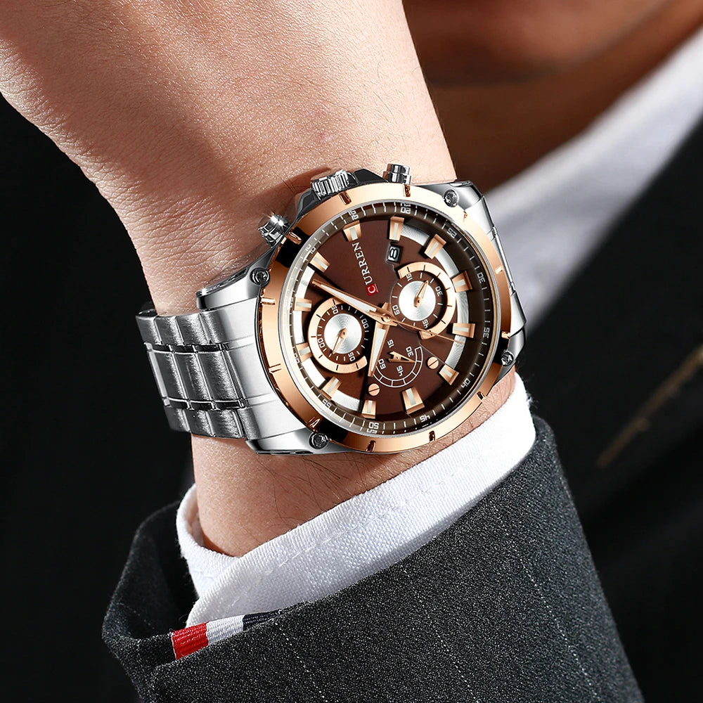 Montre homme Curren 8360 Pulseverse à mouvement quartz, cadran couleur café et bracelet en acier inoxydable argenté