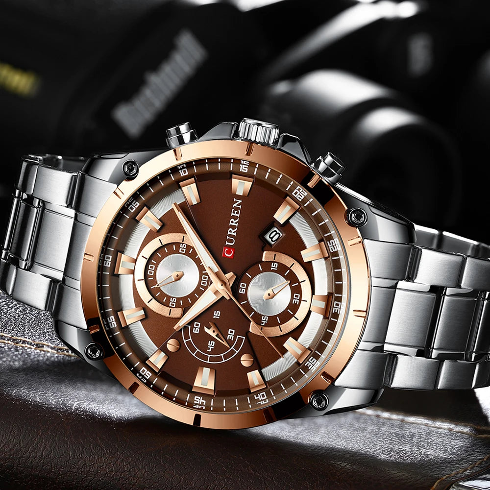 Montre homme Curren 8360 Pulseverse à mouvement quartz, cadran couleur café et bracelet en acier inoxydable argenté