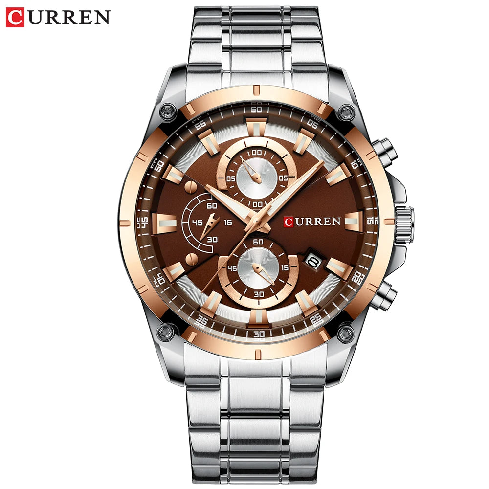 Montre homme Curren 8360 Pulseverse à mouvement quartz, cadran couleur café et bracelet en acier inoxydable argenté