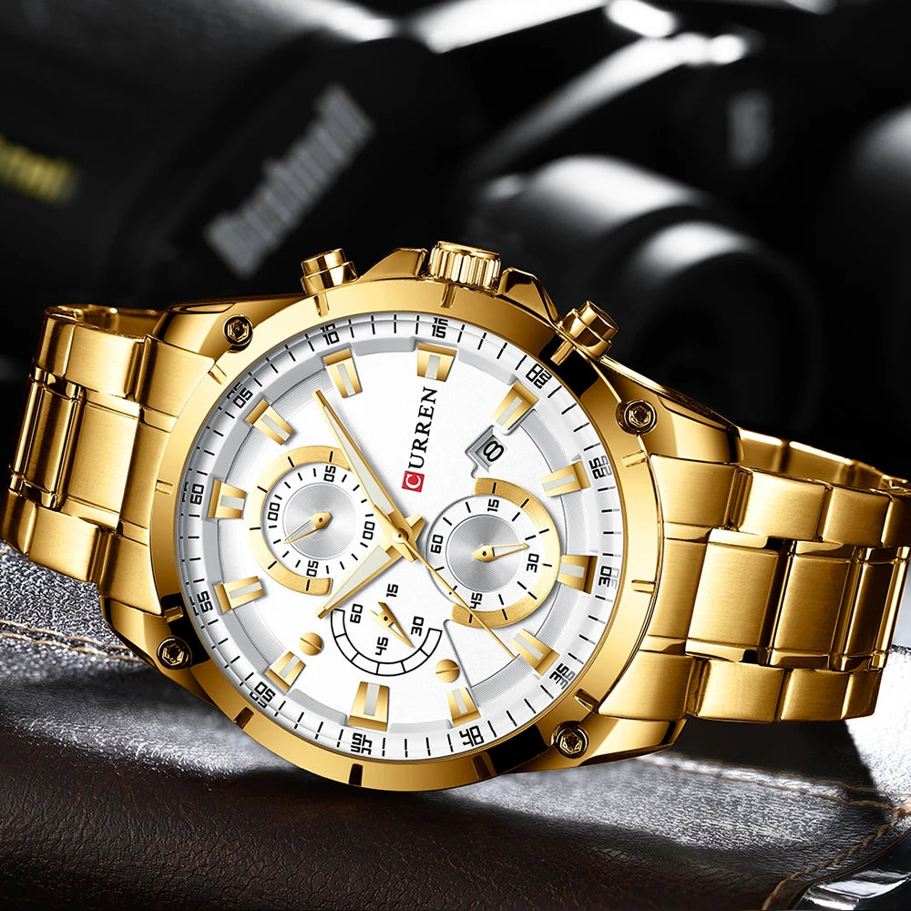 Montre homme Curren 8360 Pulseverse à mouvement quartz, cadran et bracelet en acier doré, style luxe