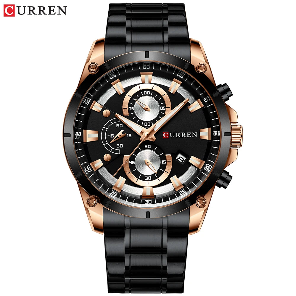 Montre homme Curren 8360 Pulseverse à mouvement quartz, cadran noir et bracelet en acier noir, style moderne.