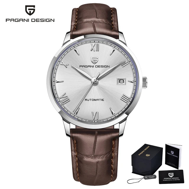Montre homme automatique Pulseverse Pagani Design PD-1759 pour homme, cadran blanc, verre saphir, bracelet en cuir marron