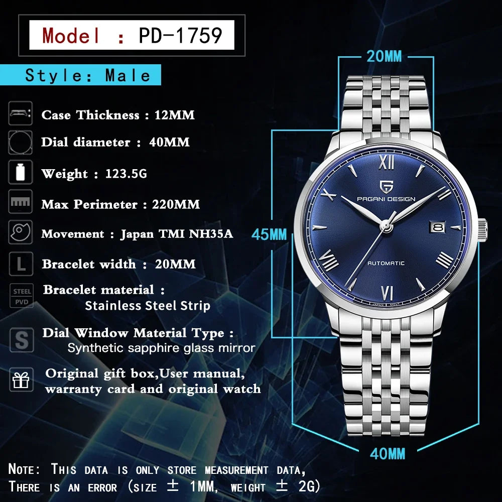 Montre homme  mecanique automatique Pulseverse Pagani Design PD-1759 pour homme, cadran bleu, verre saphir, bracelet acier inoxydable