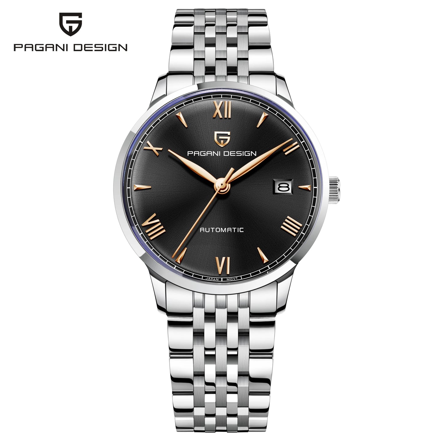 Montre homme automatique Pulseverse Pagani Design PD-1759 pour homme, cadran noir, verre saphir, bracelet acier inoxydable