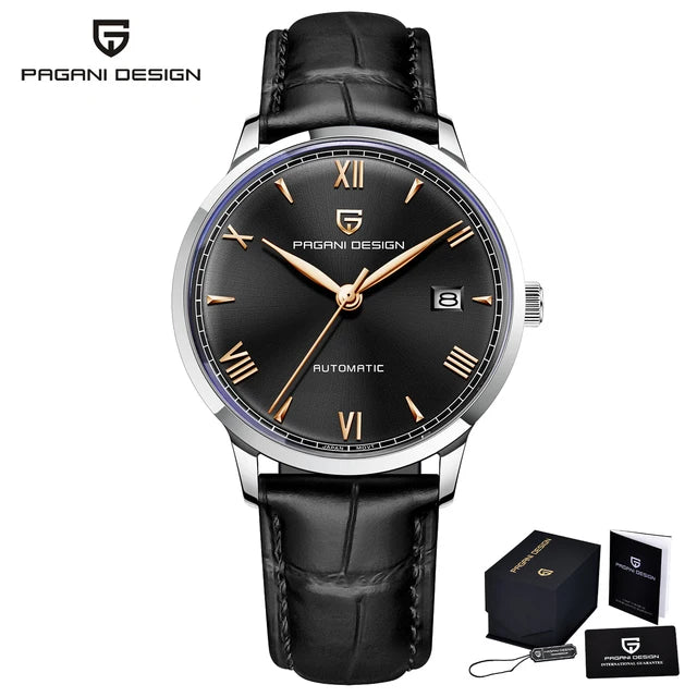 Montre homme automatique Pulseverse Pagani Design PD-1759 pour homme, cadran noir, verre saphir, bracelet en cuir noir