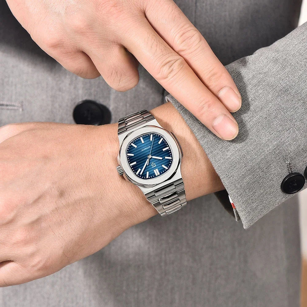 Montre HOMME automatique Pulseverse Pagani Design 2025 pour homme, cadran bleu profond, verre saphir, bracelet en acier inoxydable argenté
