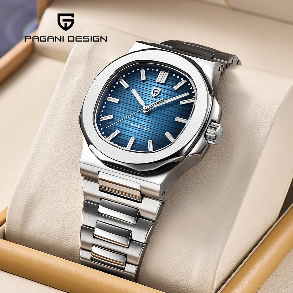 Montre homme automatique Pulseverse Pagani Design 2025 pour homme, cadran bleu profond, verre saphir, bracelet en acier inoxydable argenté