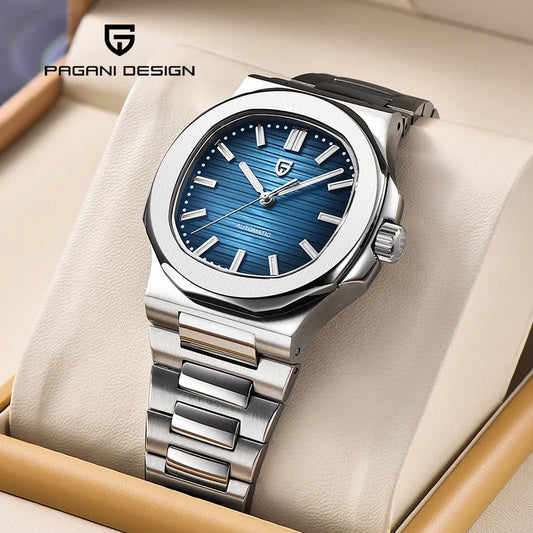 Montre homme automatique Pulseverse Pagani Design 2025 pour homme, cadran bleu profond, verre saphir, bracelet en acier inoxydable argenté