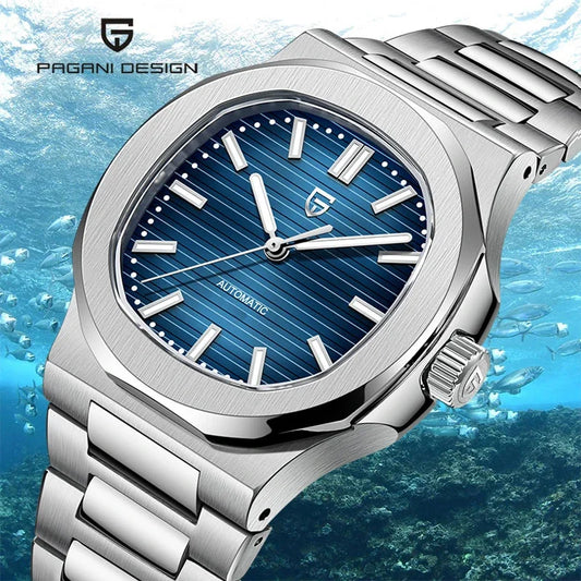 Montre HOMME automatique Pulseverse Pagani Design 2025 pour homme, cadran bleu profond, verre saphir, bracelet en acier inoxydable argenté