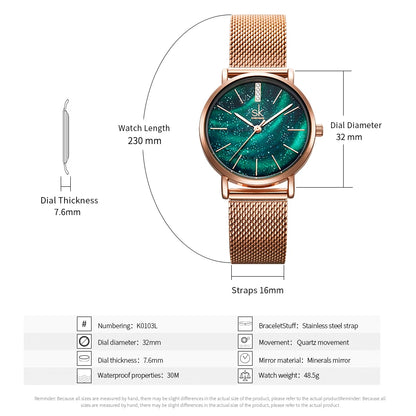 Shengke Women Watches Starry Green Dial Mesh Band Ladies Wristwatch Ultra-Thin Stainless Steel Strap Quartz Montre Femme Gift