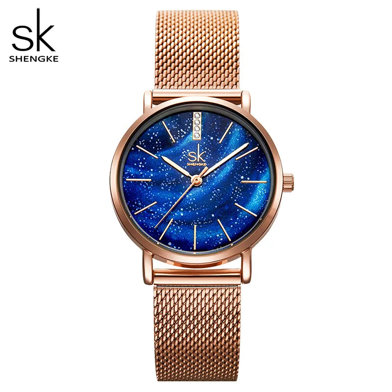 Shengke Women Watches Starry Green Dial Mesh Band Ladies Wristwatch Ultra-Thin Stainless Steel Strap Quartz Montre Femme Gift