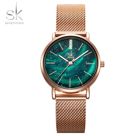 Shengke Women Watches Starry Green Dial Mesh Band Ladies Wristwatch Ultra-Thin Stainless Steel Strap Quartz Montre Femme Gift