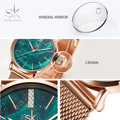 Shengke Women Watches Starry Green Dial Mesh Band Ladies Wristwatch Ultra-Thin Stainless Steel Strap Quartz Montre Femme Gift