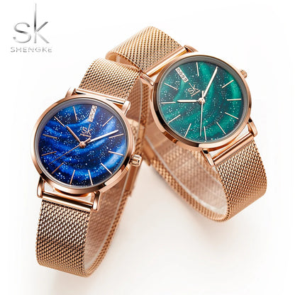 Shengke Women Watches Starry Green Dial Mesh Band Ladies Wristwatch Ultra-Thin Stainless Steel Strap Quartz Montre Femme Gift