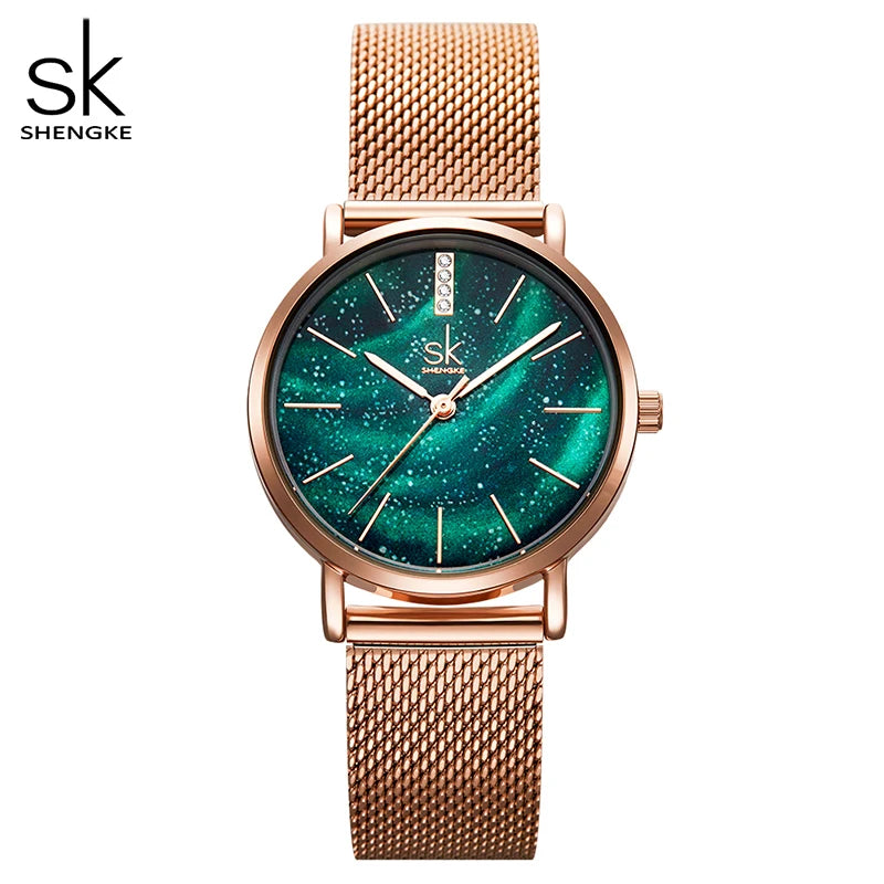 Shengke Women Watches Starry Green Dial Mesh Band Ladies Wristwatch Ultra-Thin Stainless Steel Strap Quartz Montre Femme Gift