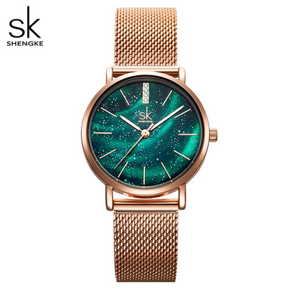 Shengke Women Watches Starry Green Dial Mesh Band Ladies Wristwatch Ultra-Thin Stainless Steel Strap Quartz Montre Femme Gift