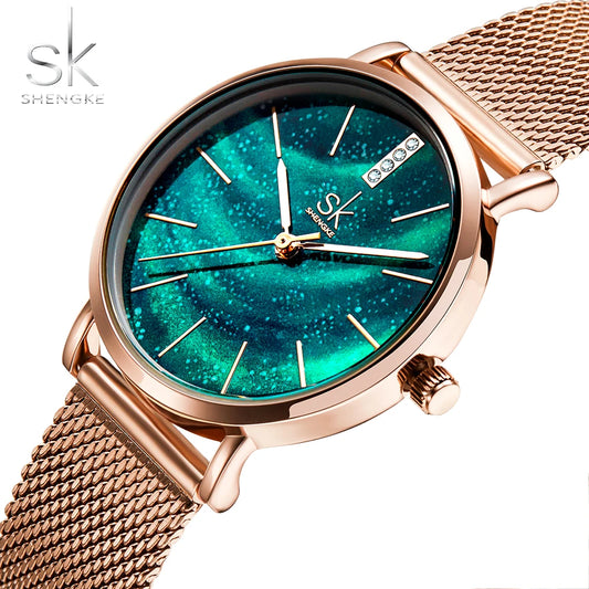 Shengke Women Watches Starry Green Dial Mesh Band Ladies Wristwatch Ultra-Thin Stainless Steel Strap Quartz Montre Femme Gift