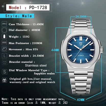 Montre HOMME automatique Pulseverse Pagani Design 2025 pour homme, cadran bleu profond, verre saphir, bracelet en acier inoxydable argenté