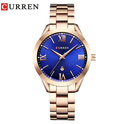 Montre femme Pulseverse CURREN 9007 avec boîtier rose gold, cadran bleu profond et bracelet en acier bicolore