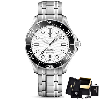 Montre automatique Pagani Design Pulseverse PD-1685 pour homme avec cadran blanc ondulé, lunette noire et bracelet en acier inoxydable standard